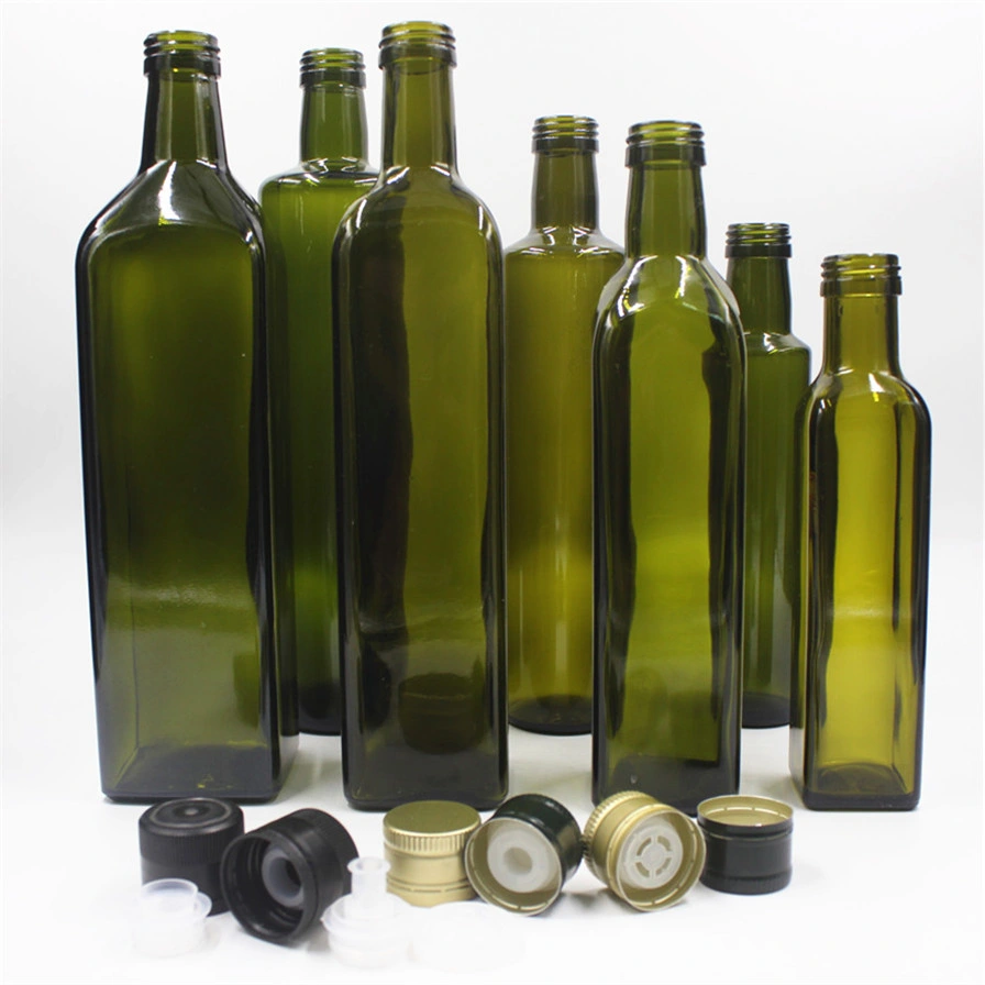 100ml 250ml 500ml 750ml 1000ml Square Glass Bottle Olive Oil Bottle Dark Green Oil &amp; Vinegar Cruet Bottle with Pourers